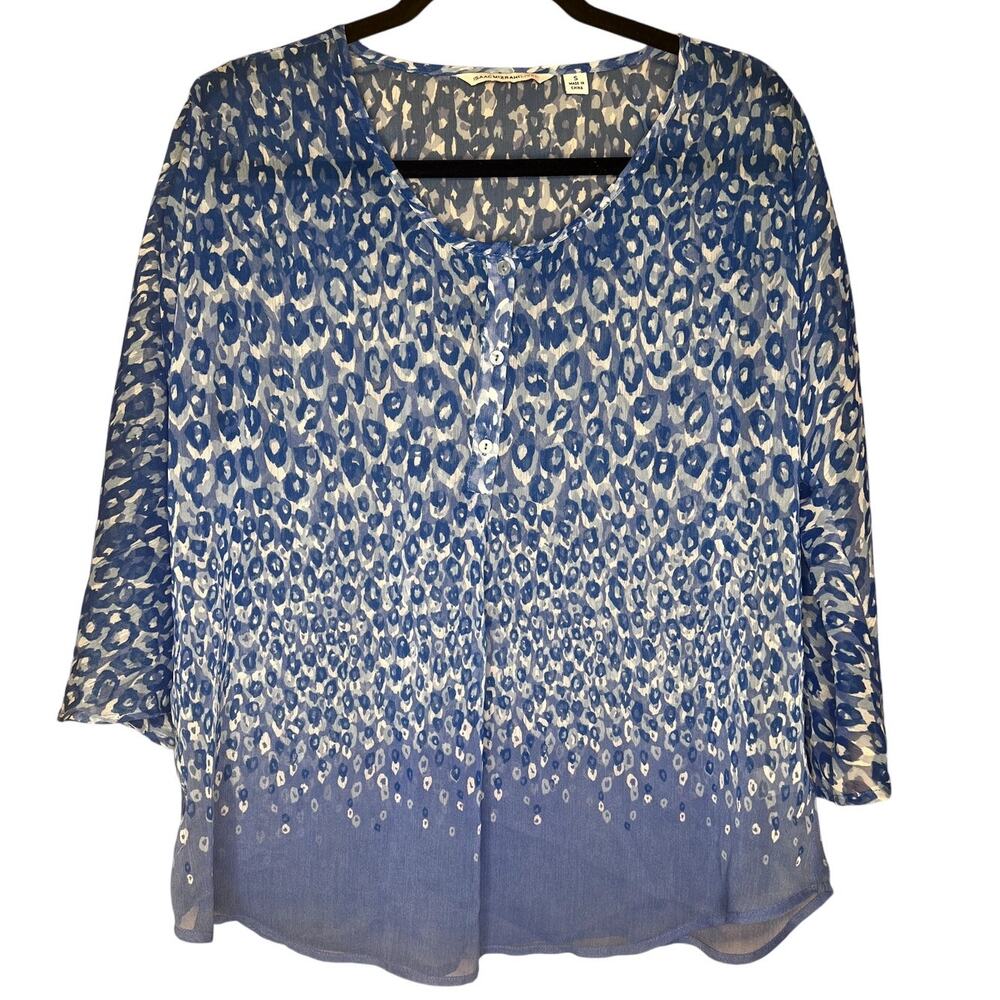 Isaac Mizrahi Live Chiffon Animal Print Henley Blouse Blue White Small